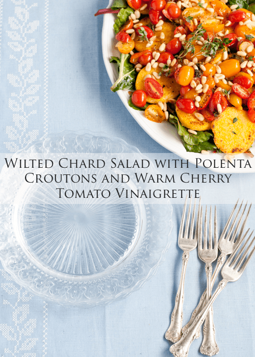 Wilted Chard Salad with Polenta Croutons and a Warm Cherry Tomato Vinaigrette from Cafe Johnsonia